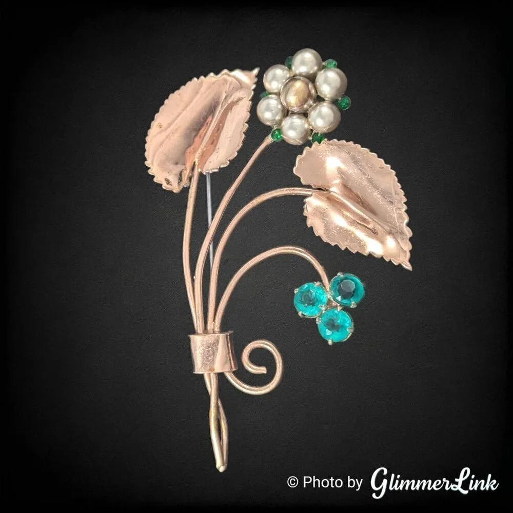 Vintage Rose Gold Tone Floral Spray Brooch Faux Pearl Green Rhinestone 1940s 50s